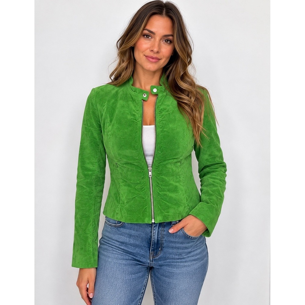 Wilsons Leather Maxima Womens Small Lime Green Suede Leather Moto Jacket